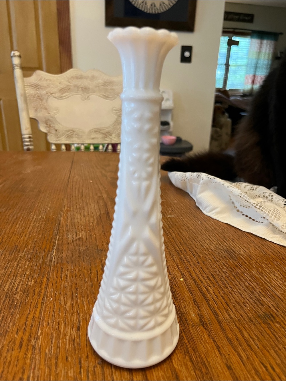 Vintage Anchor Hocking Milk Glass Bud Vase - Stars and Bars - 9 Inches Tall
